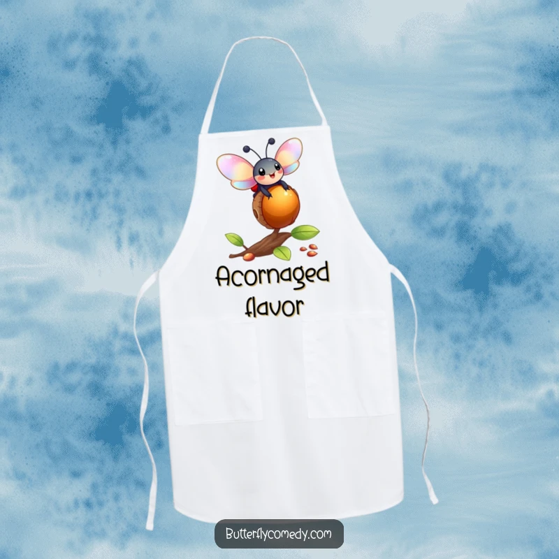 Funny happy ladybug with iridescent wings balancing on a bouncing acorn, a charming and humorous apron for cooking.