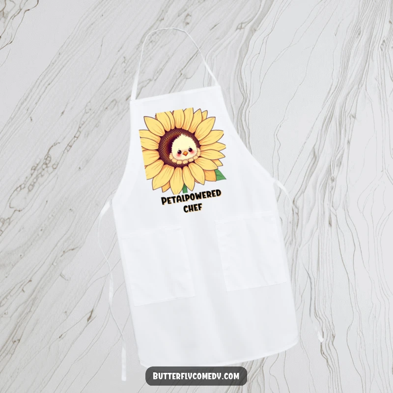 Funny fluffy chick peeking from a sunflower petal, a charming and humorous apron for cooking and baking.