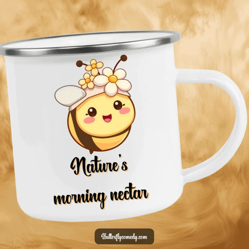 Funny bee with tiny antennae wearing a flower hat, a sturdy and humorous camping mug.