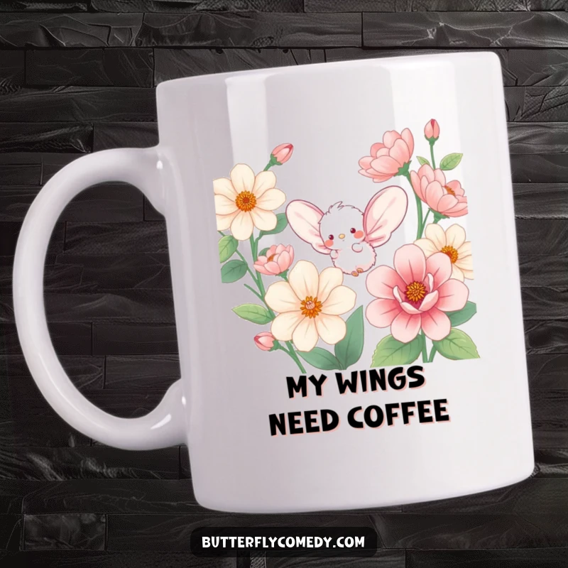 Funny mug showcasing a small, fluffy creature with big wings happily fluttering among giant, colorful flowers.