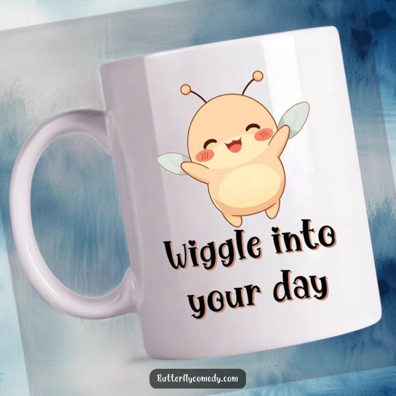 Funny mug showing a happy, plump creature with antennae wiggling joyfully while being lifted by a gentle breeze.