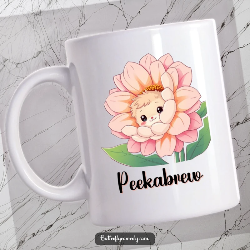 Funny mug showing a curious, fuzzy creature peeking from behind a giant, vibrant flower with a shy, sweet smile.