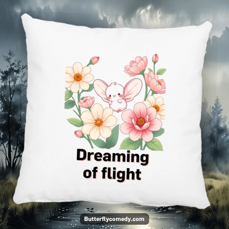 Funny pillow with a small, fluffy creature, large round wings, enthusiastically fluttering amidst giant, vibrant flower blossoms.