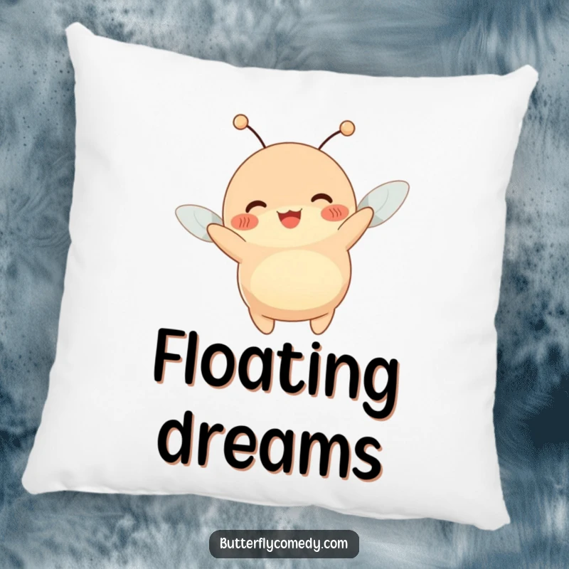 Funny pillow with a happy, plump creature with antennae wiggling joyfully while being gently lifted by a breeze, soft and cozy.