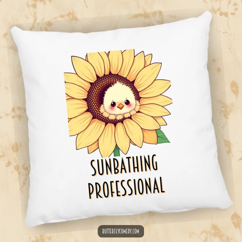Funny chick peeking from a sunflower petal, a soft and humorous decorative pillow for sofas or beds.
