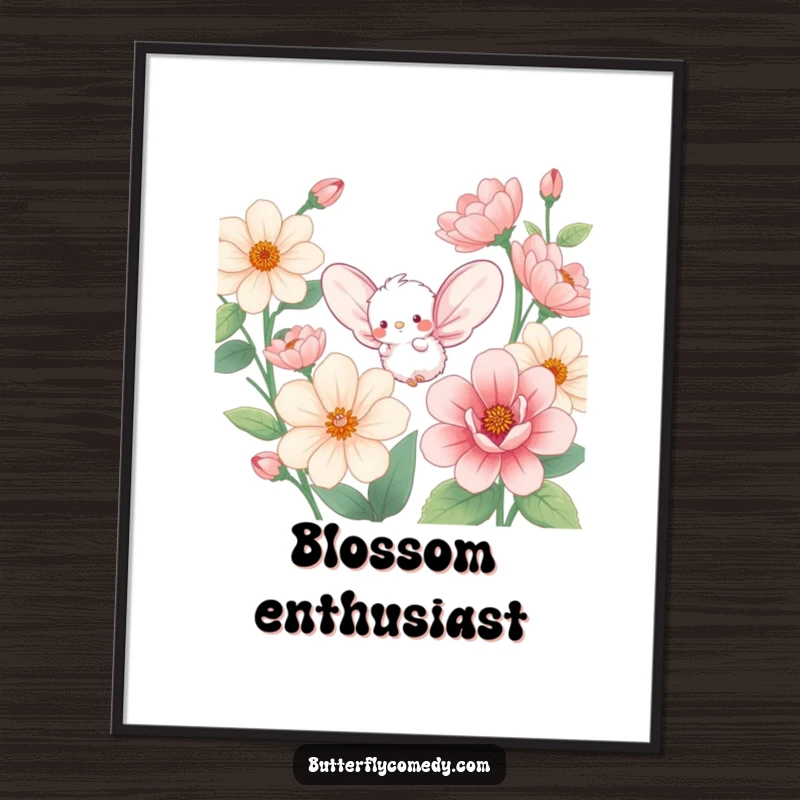 Funny digital art print of a small, fluffy creature with large, rounded wings, enthusiastically fluttering amongst oversized, vibrant flower blossoms.