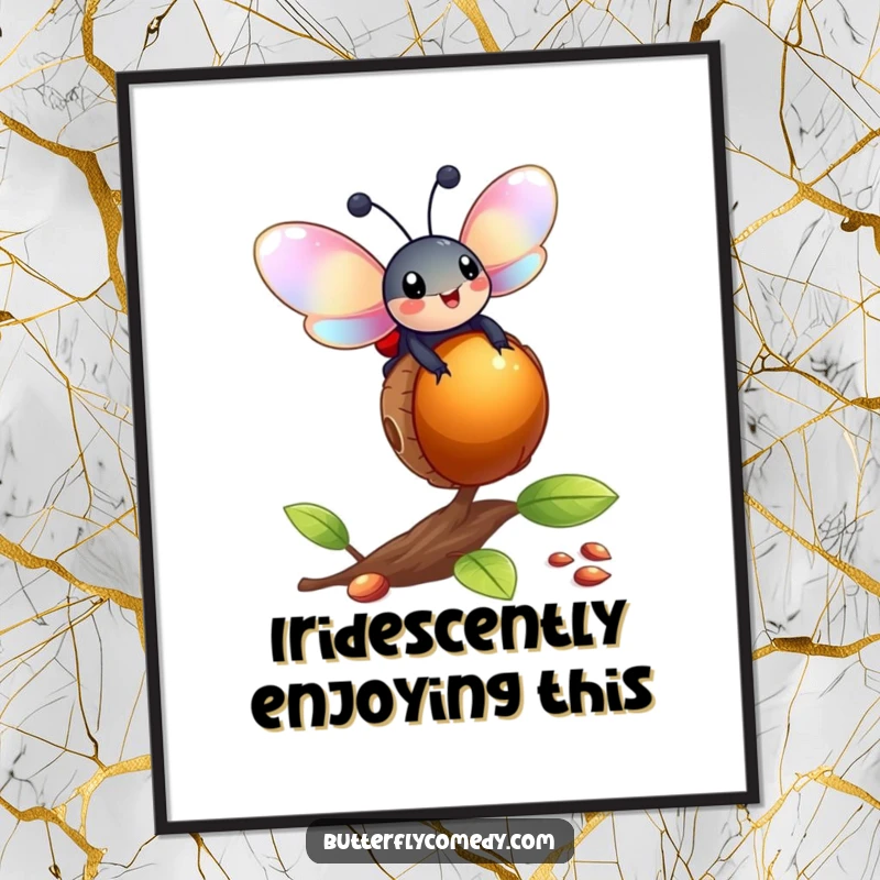 Funny happy ladybug with iridescent wings balancing on a bouncing acorn, high-resolution digital art for humorous decor.