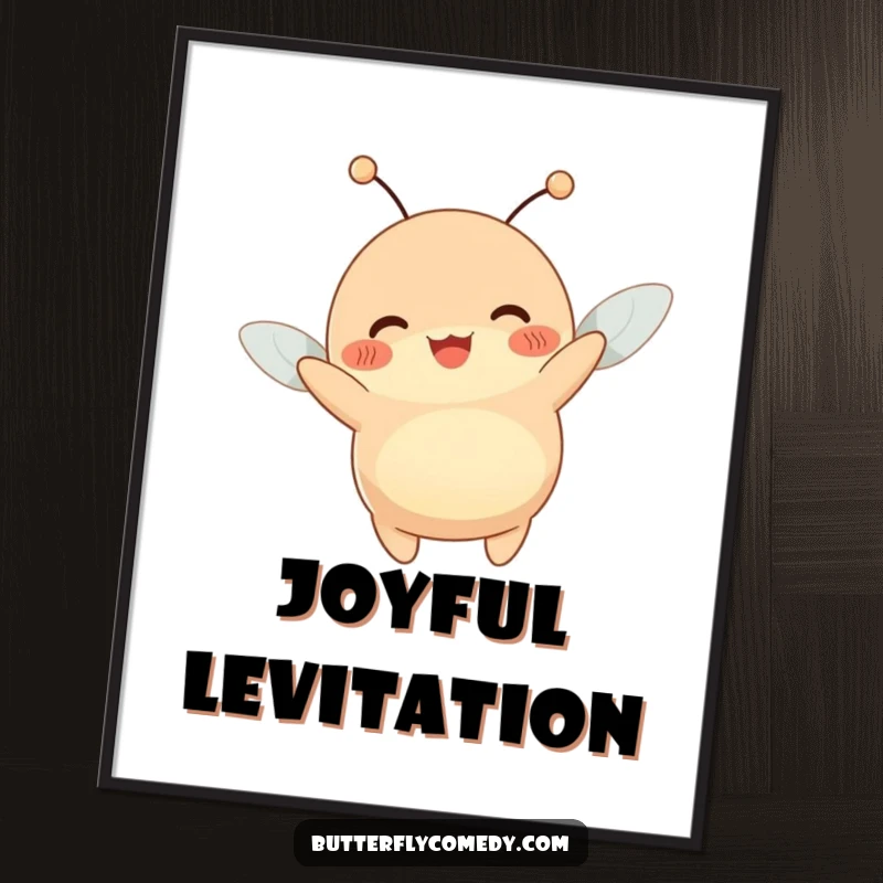 Funny digital art print of a happy, plump creature with antennae wiggling joyfully while being lifted by a gentle breeze.