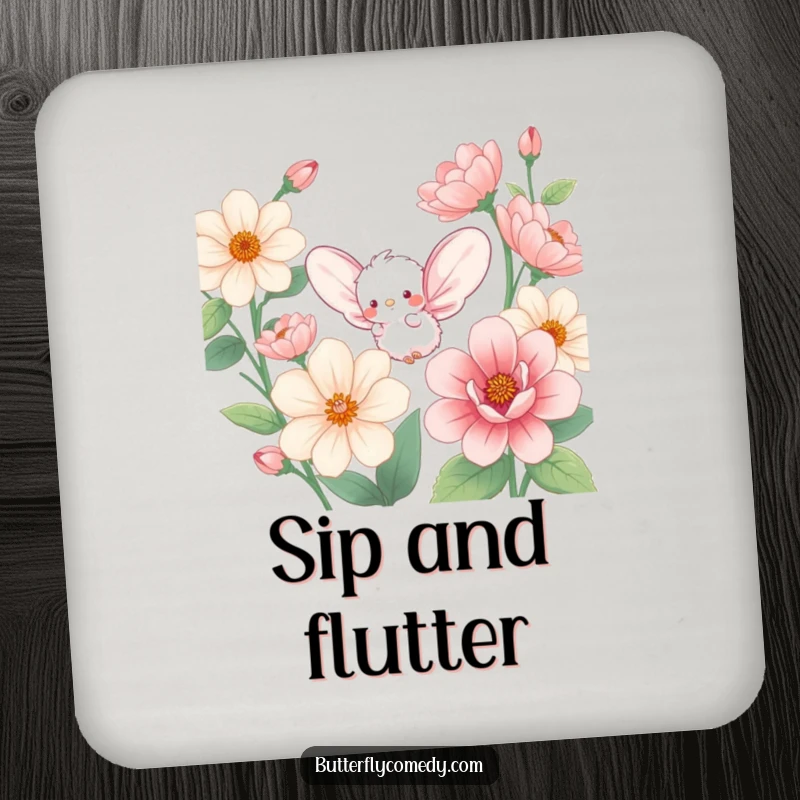 Funny drink coaster featuring a small, fluffy creature with large, rounded wings, fluttering joyfully amongst oversized flower blossoms.