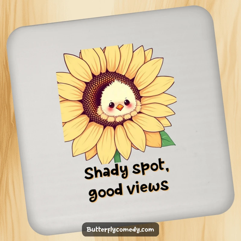 Funny chick peeking from a sunflower petal on a set of humorous drink coasters, protecting surfaces with charm.