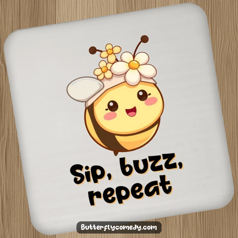 Funny bee with tiny antennae wearing a flower hat on humorous drink coasters, protecting surfaces joyfully.