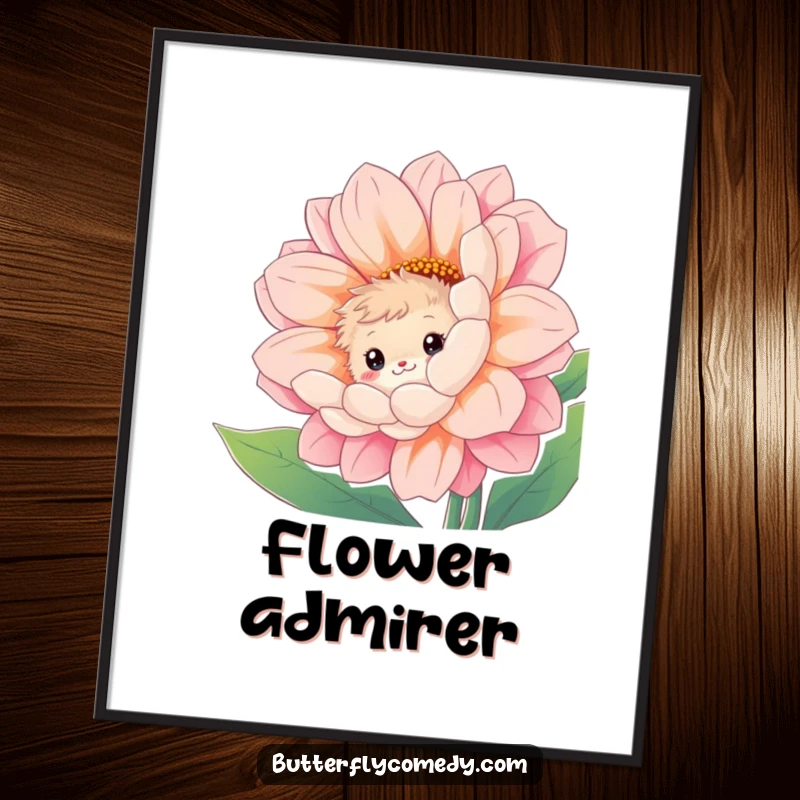Funny poster featuring a curious, fuzzy creature peeking with a shy smile from behind a giant, vibrant flower.