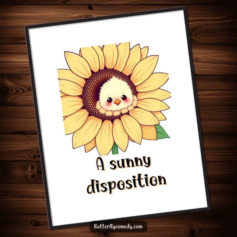 Funny fluffy chick emerging from a giant sunflower petal, creating a heartwarming and humorous wall art piece.