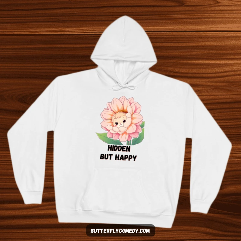 Funny hoodie depicting a curious, fuzzy creature peeking from behind a giant, vibrant flower with a shy, endearing smile.