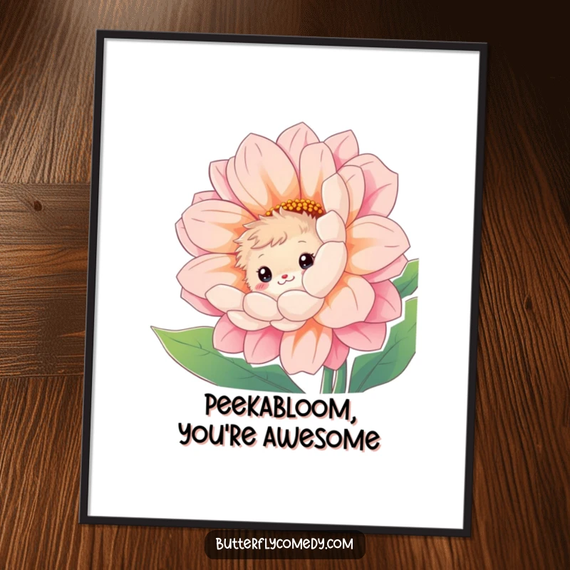 Funny free printable wall art of a curious fuzzy creature peeking from behind a giant, vibrant flower with a shy smile.