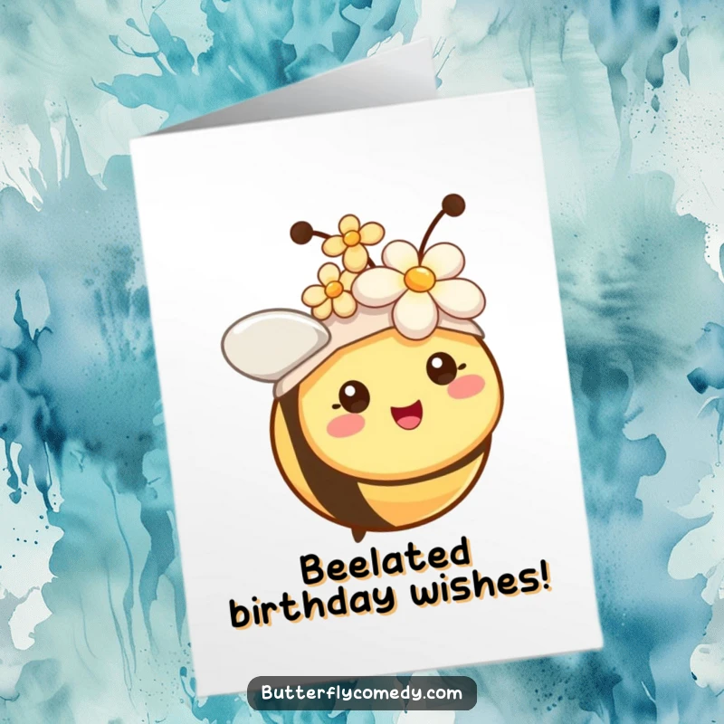 Funny free printable birthday card: A cheerful bee with tiny antennae wearing a flower as a hat, smiling brightly.