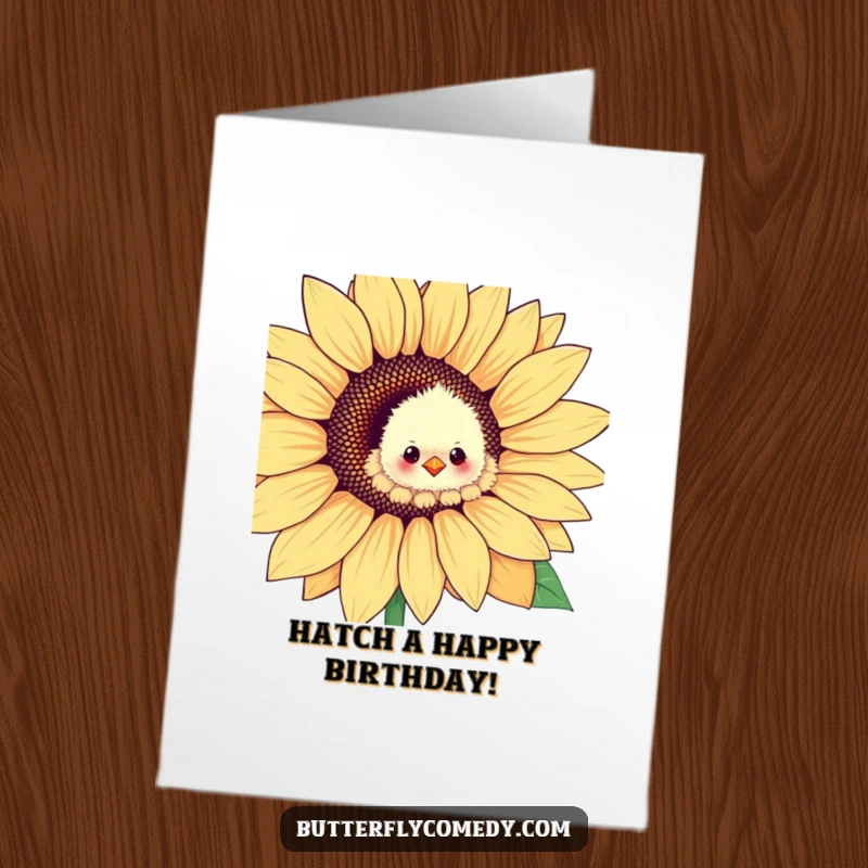 Funny free printable birthday card: Fluffy chick peeking from a giant sunflower, spreading joy and laughter.