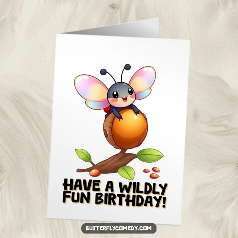 Funny free printable birthday card: Happy ladybug with shiny wings balancing on a bouncing acorn, celebrating with fun.