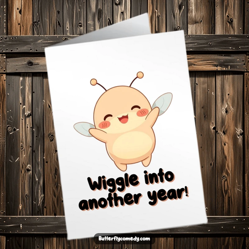 Funny free printable birthday card of a happy, plump creature with antennae joyfully wiggling as a breeze lifts it.