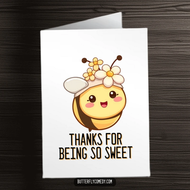 Funny free printable thank you card: A cheerful bee with tiny antennae wearing a flower hat, conveying thanks joyfully.