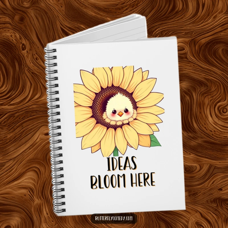 Funny chick emerging from a sunflower petal, a cute and humorous notebook for capturing thoughts and notes.