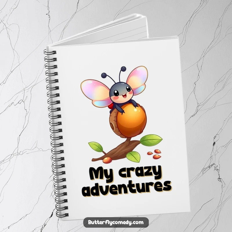 Funny ladybug with iridescent wings balancing on a bouncing acorn, a cute and humorous notebook for capturing thoughts.