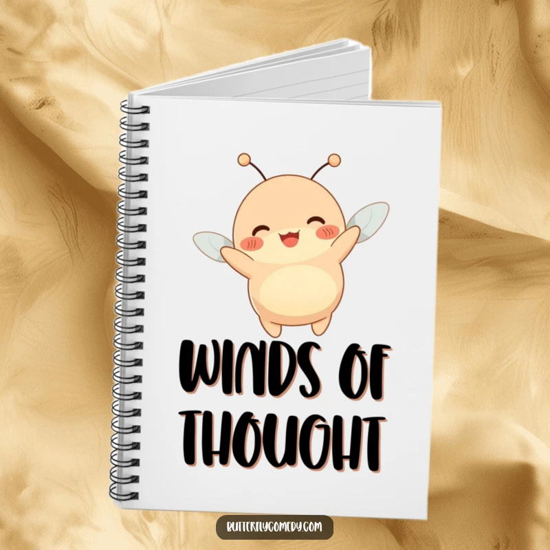 Funny notebook cover with a happy, plump creature with antennae wiggling joyfully while being lifted by a gentle breeze.
