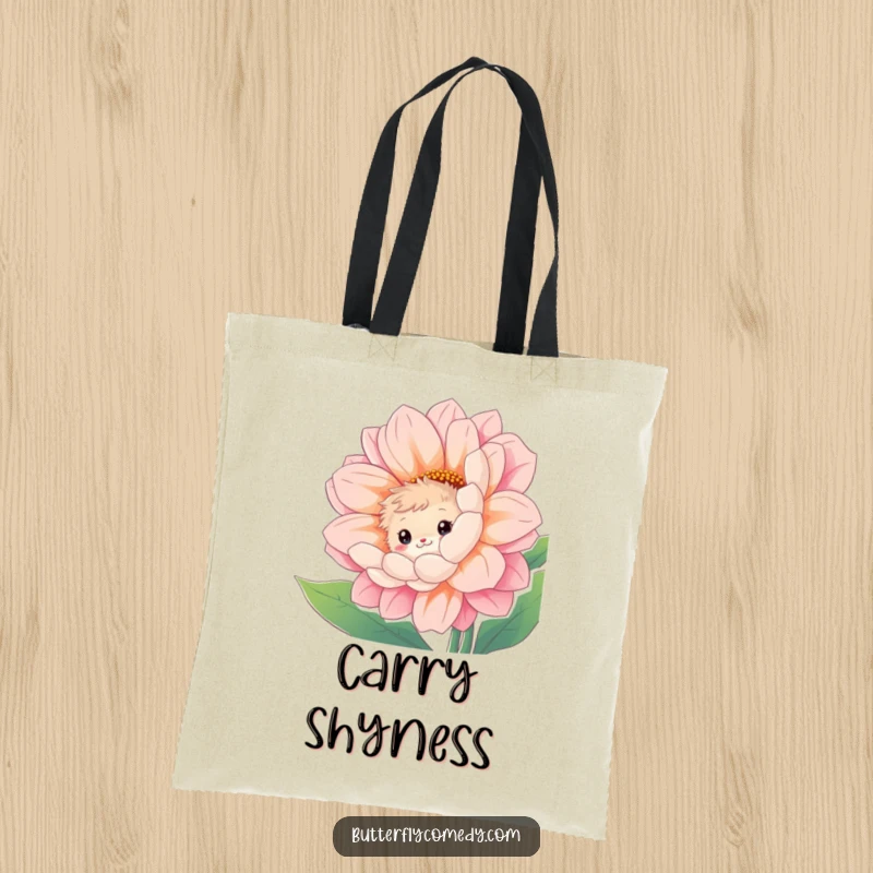 Funny tote bag showcasing a curious, fuzzy creature peeking with a shy smile from behind a giant, vibrant flower.