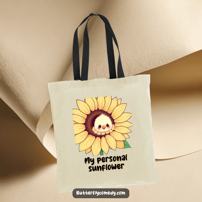 Funny chick peeking from a sunflower petal, a durable and humorous tote bag for shopping or daily use.
